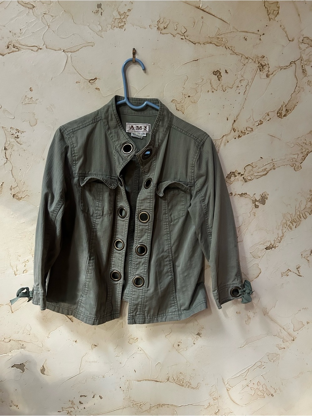 AMI Olive Green Grommet Utility Jacket Size Medium Bow Cuffs - Picture 2 of 8